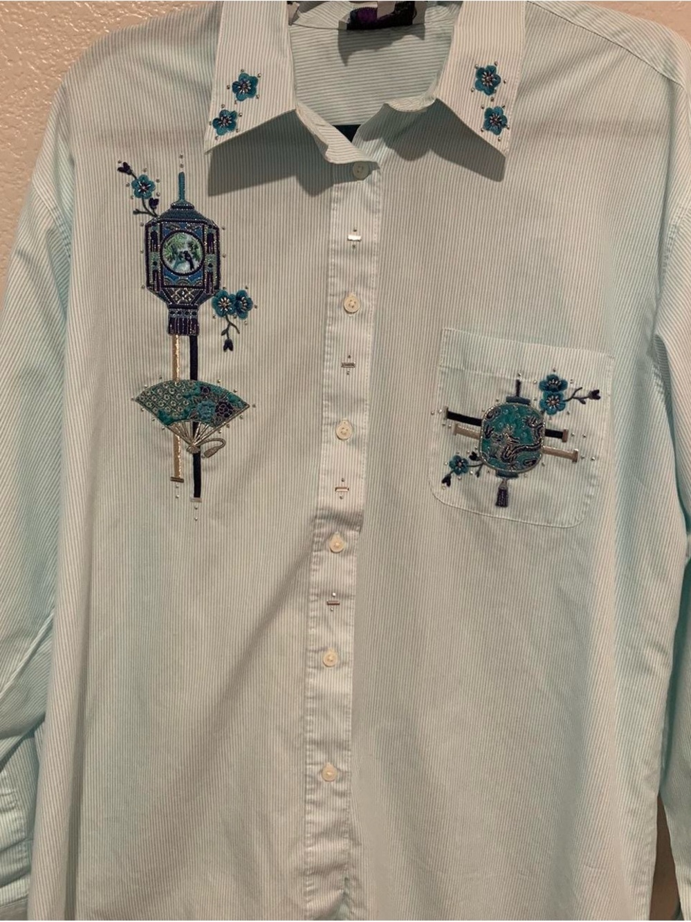 Embroidered aqua Asian button down